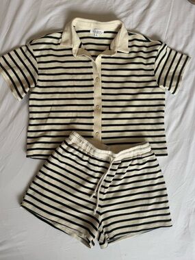 Women’s Striped Button-Up Top & Shorts Set - Cream & Black